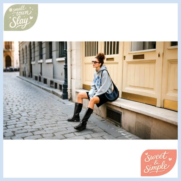 Women's Knee High Combat Boots Chunky Heel Side Zipper Square Toe - Picture 7 of 7